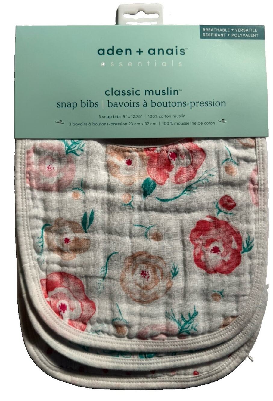 Aden + Anais Essentials Baby Muslin Snap Bibs 3 Pack Floral Pink NWT